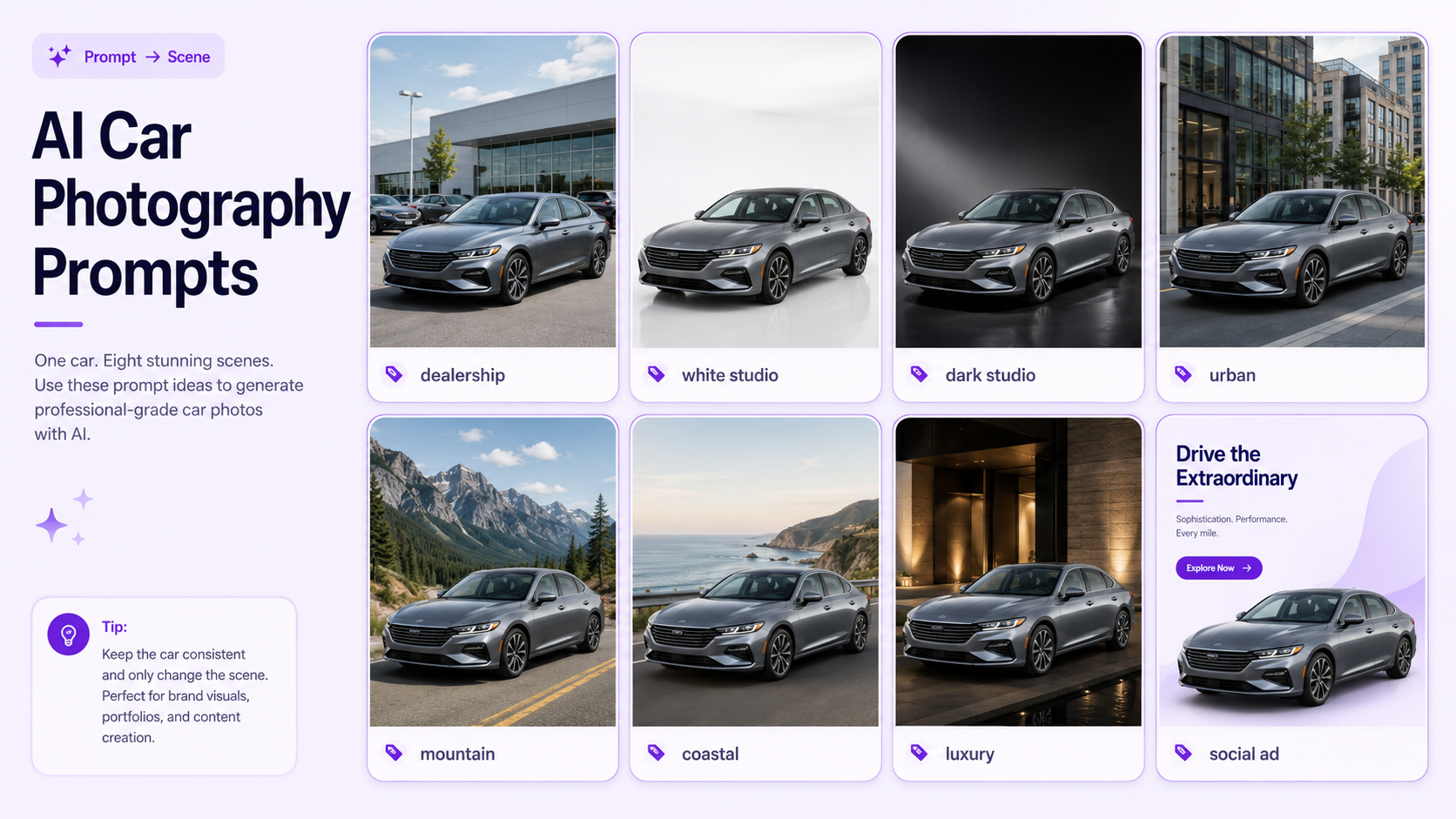 AI car photography prompt examples showing the same vehicle in dealership, white studio, dark studio, urban, mountain, coastal, luxury, and social media scenes
