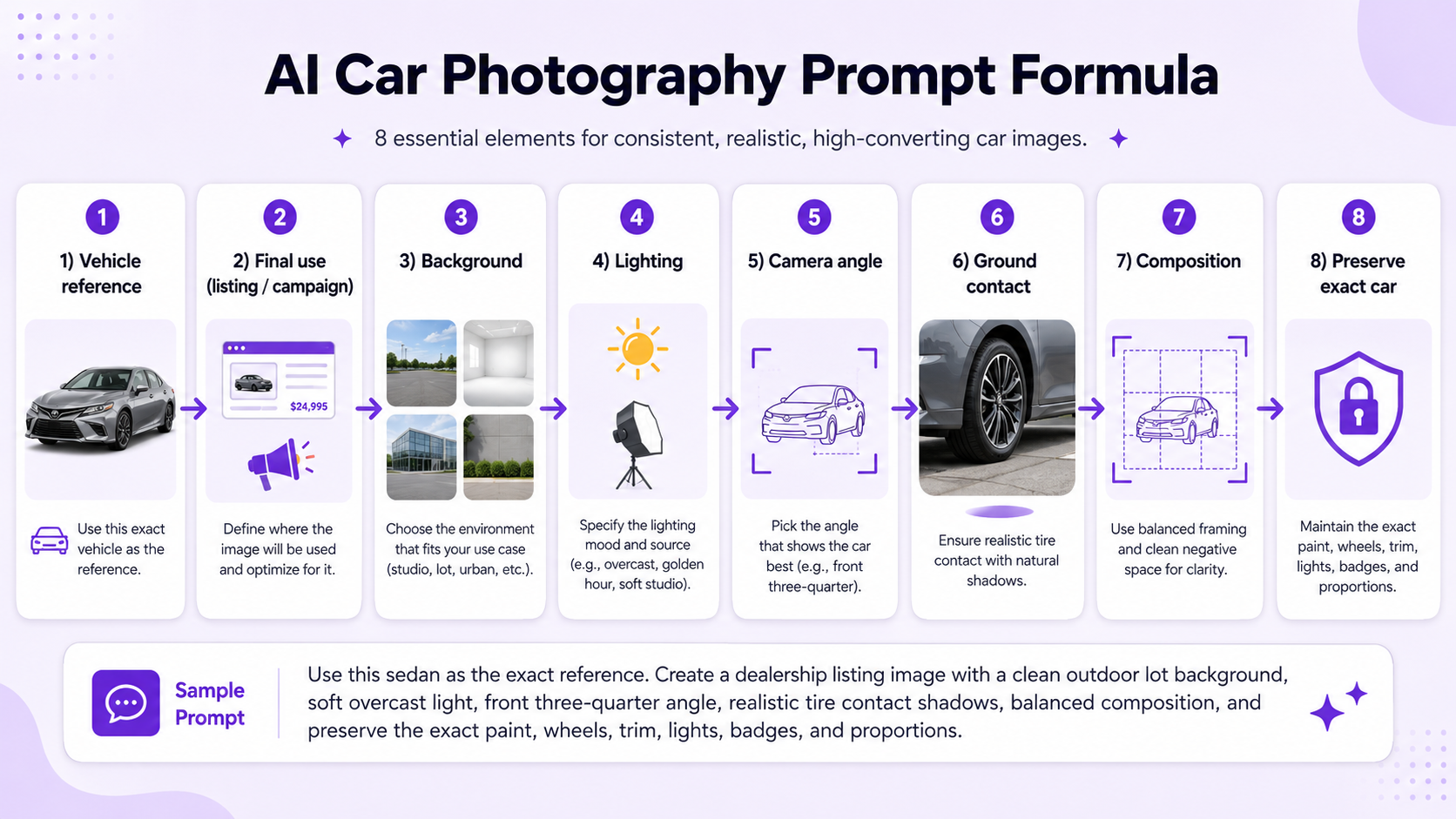 AI car photography prompt formula showing vehicle reference, final use, background, lighting, camera angle, ground contact, composition, and preservation instructions