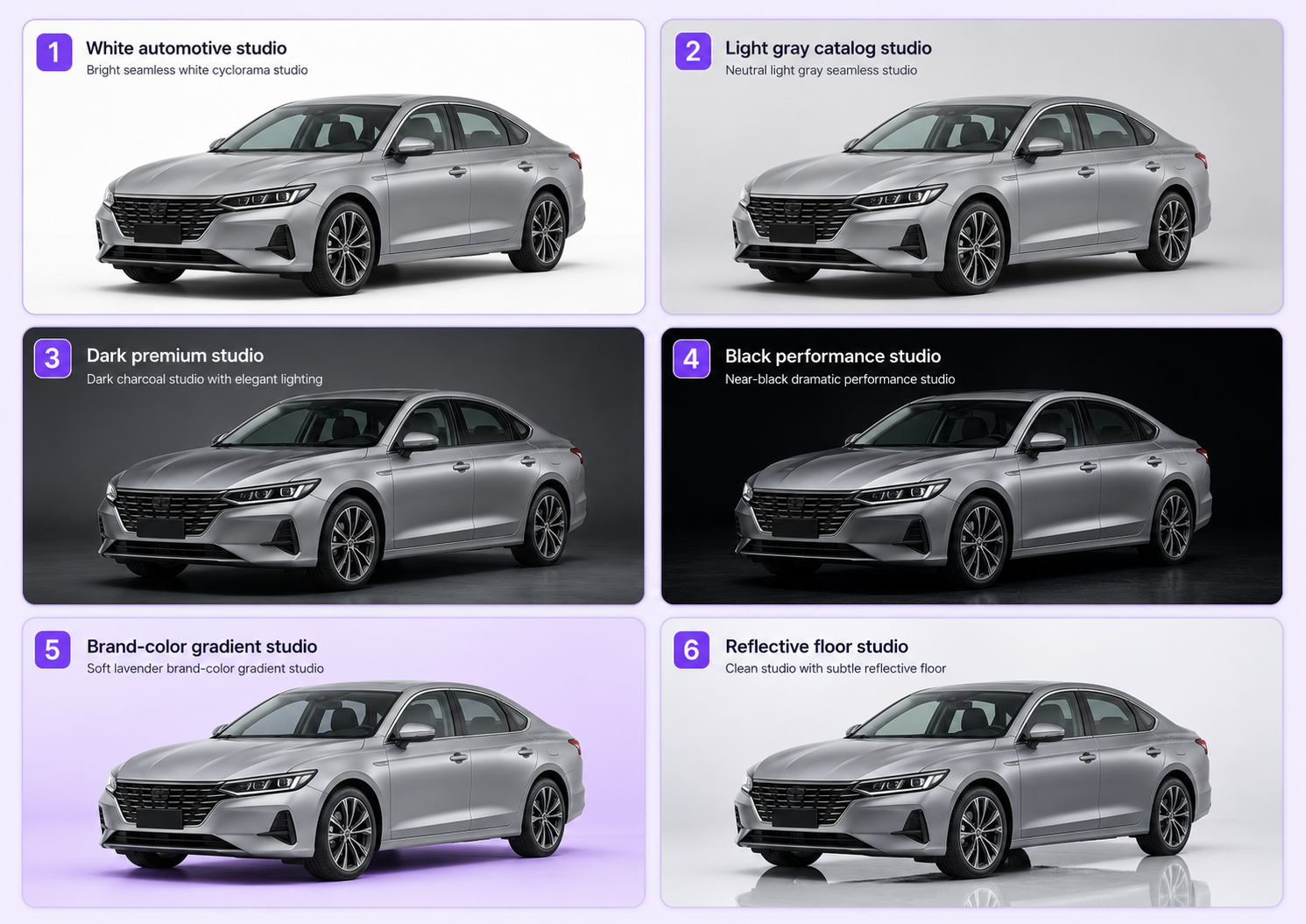 Same car shown in white studio, gray catalog studio, dark premium studio, black performance studio, brand gradient, and reflective floor settings