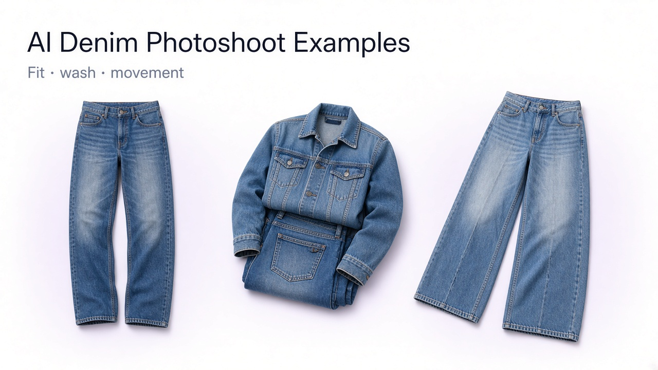 Classic jeans ecommerce pose, double-denim 1990s editorial, and wide-leg street-style campaign