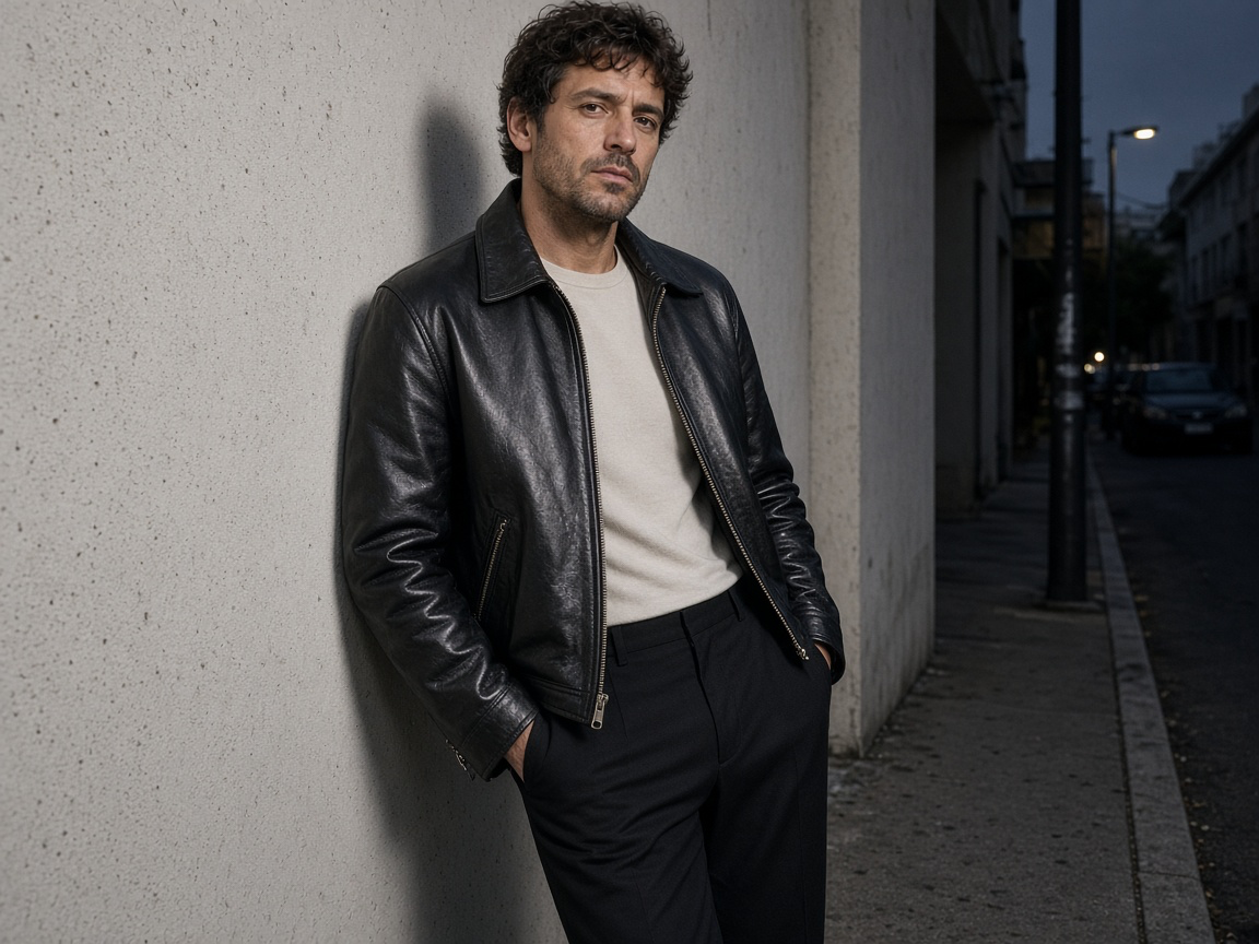 AI fashion photoshoot example: vintage leather jacket editorial showing the uploaded product in a professionally directed campaign scene