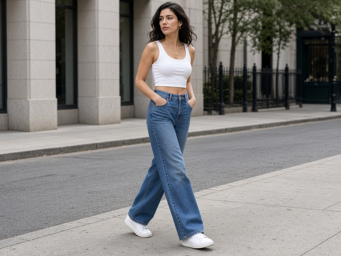 AI fashion photoshoot example: urban wide-leg jeans street style showing the uploaded product in a professionally directed campaign scene