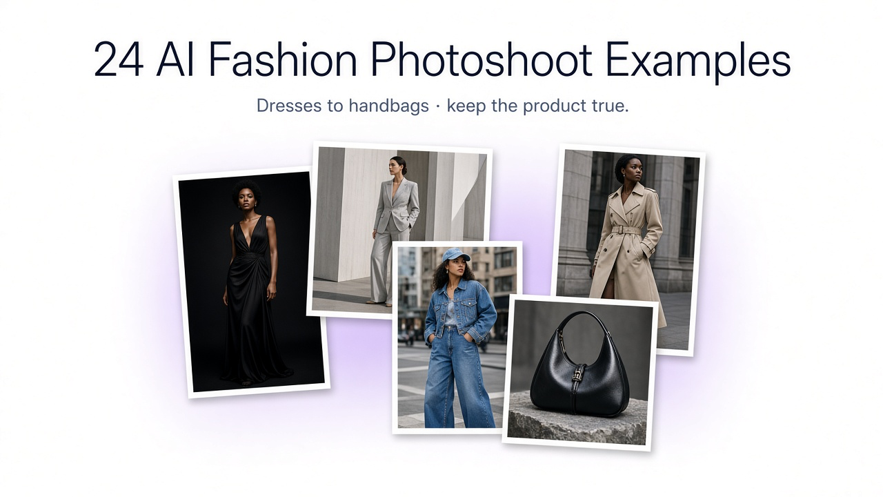 Editorial collection of photorealistic fashion photographs featuring a dress, trench coat, denim outfit, tailored suit, and handbag