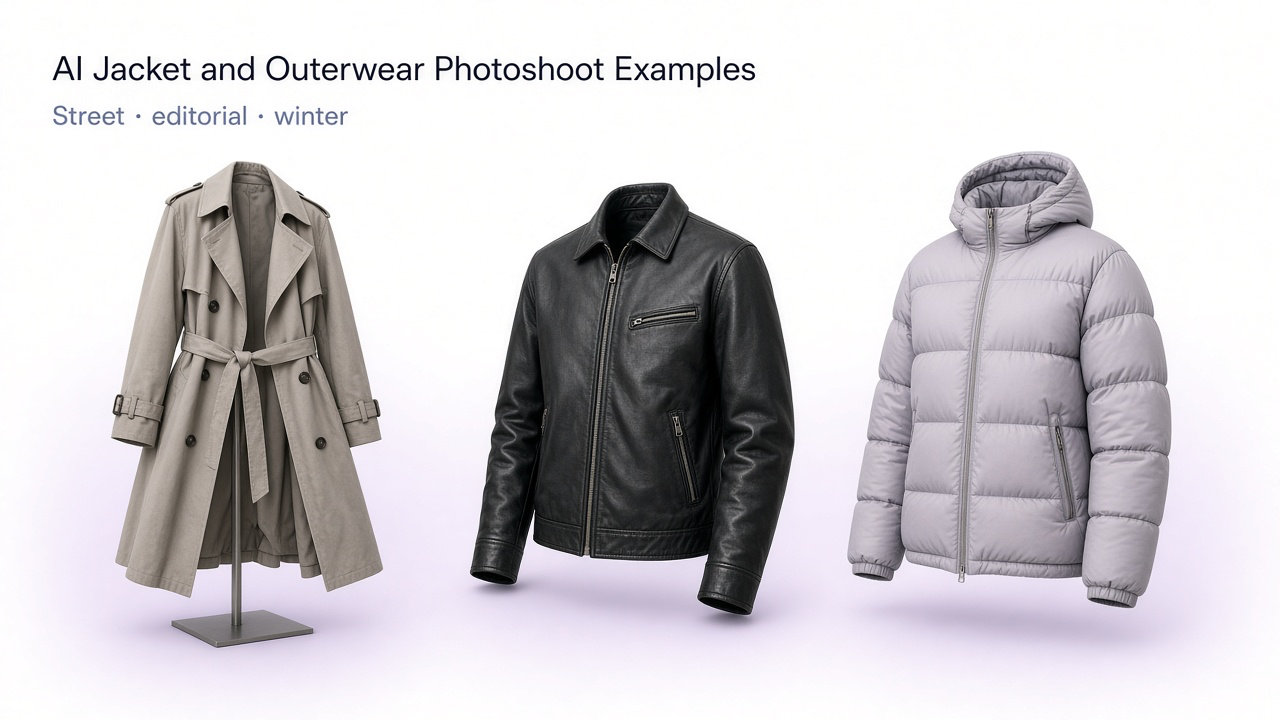 Trench coat street style, vintage leather jacket flash editorial, and winter puffer campaign