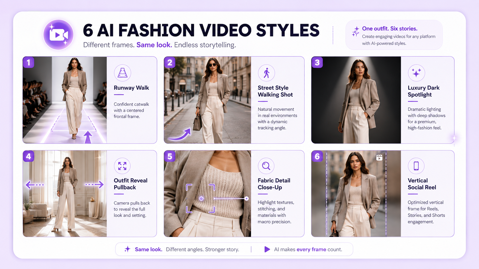 AI fashion video style examples including runway walk, street style, luxury spotlight, outfit reveal, fabric close-up, and vertical social reel framing