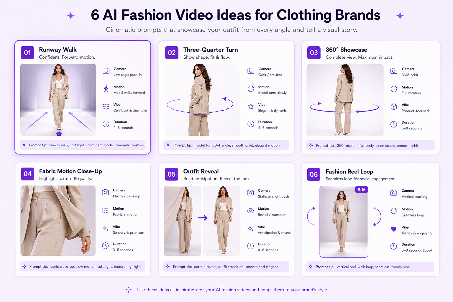 Grid of AI fashion video ideas including runway walk, model turn, 360 clothing showcase, fabric close-up, outfit reveal, and fashion reel formats