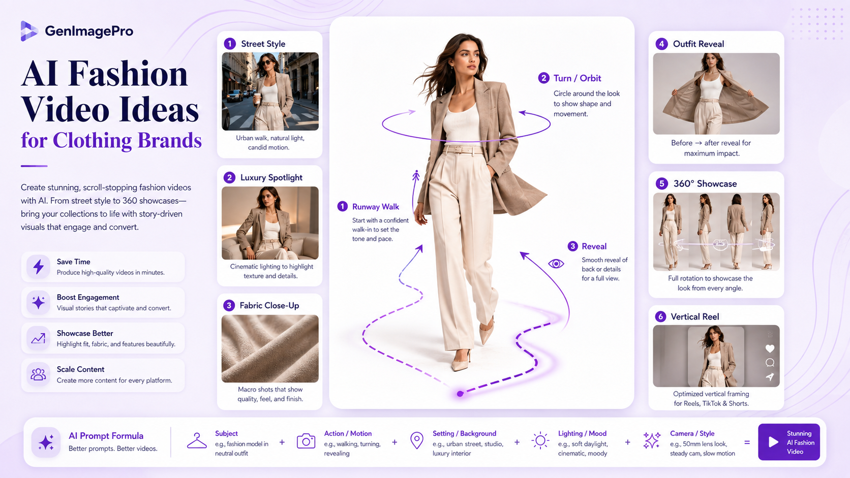 AI fashion video ideas for clothing brands showing runway walk, outfit reveal, studio motion, street style, luxury spotlight, and reel formats