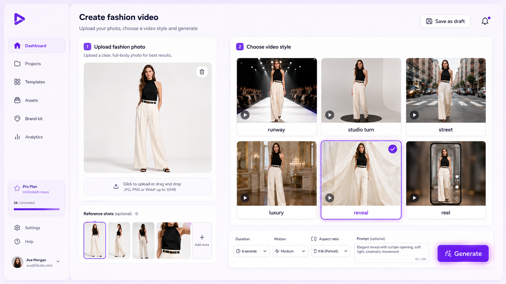 Workflow for creating AI fashion videos from photos: upload clothing or model image, choose fashion video style, describe motion, preserve garment details, generate