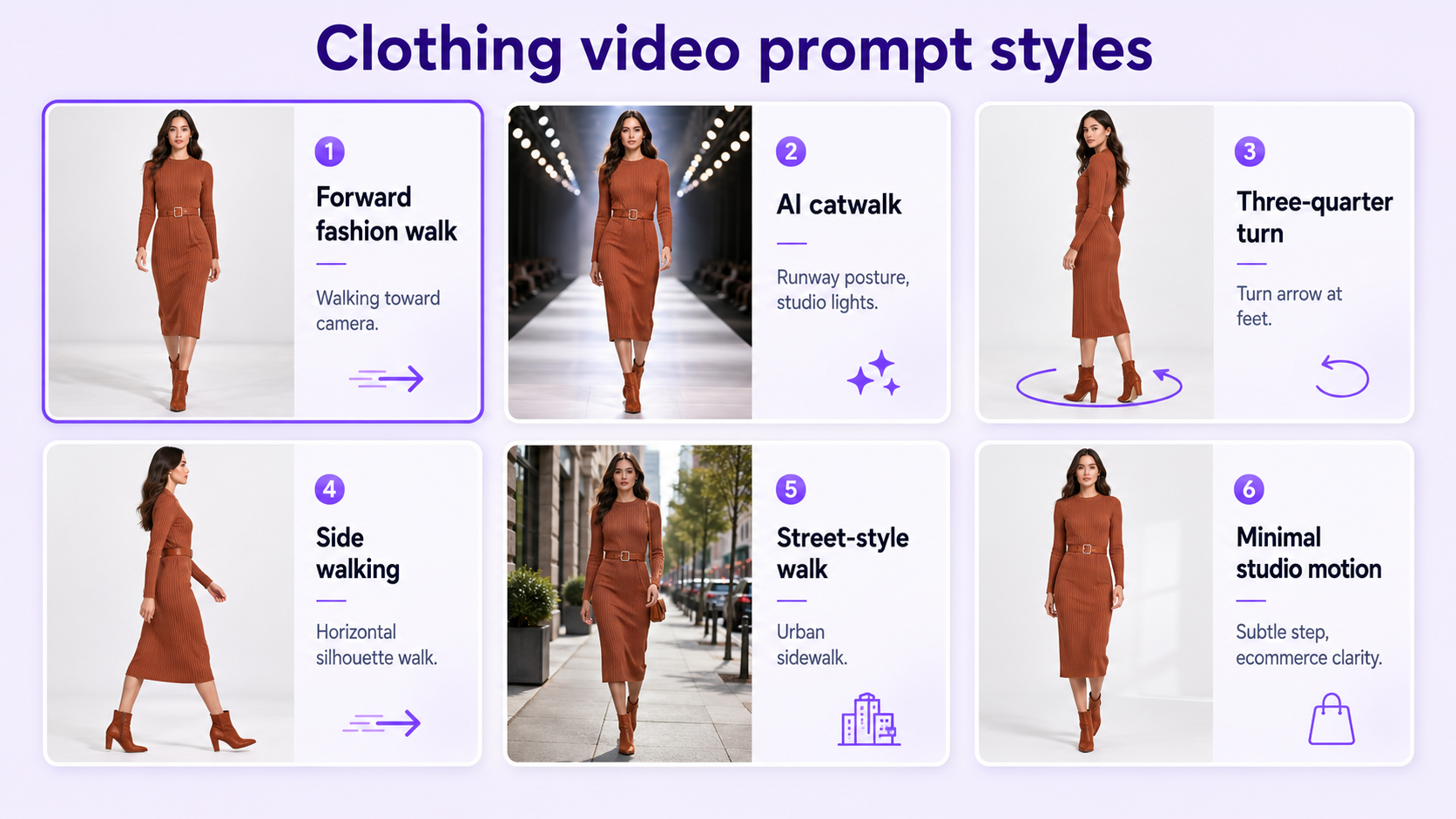 AI clothing video prompt examples including forward walk, catwalk, side walk, luxury walk, street style, and studio motion