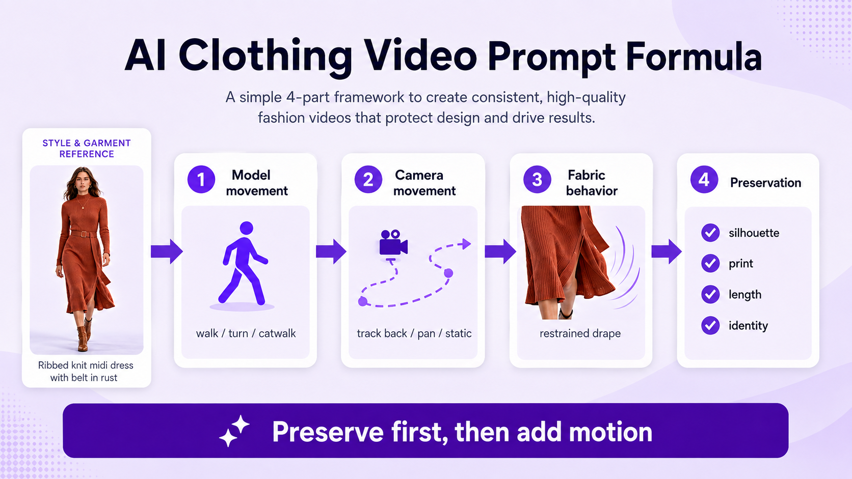 AI clothing video prompt formula showing model movement, camera movement, fabric motion, and garment preservation