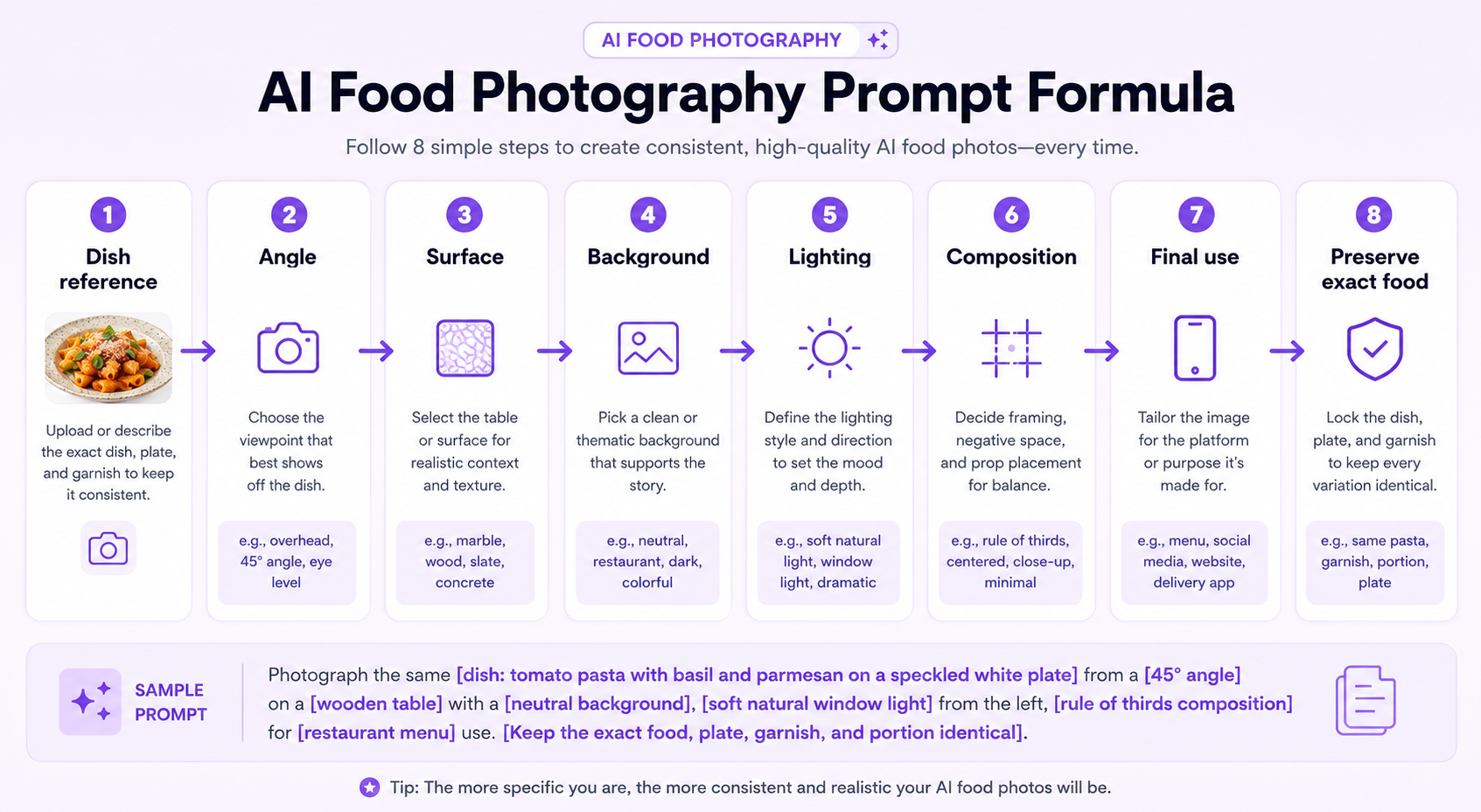 AI food photography prompt formula showing dish reference, angle, surface, background, lighting, composition, final use, and preservation instructions