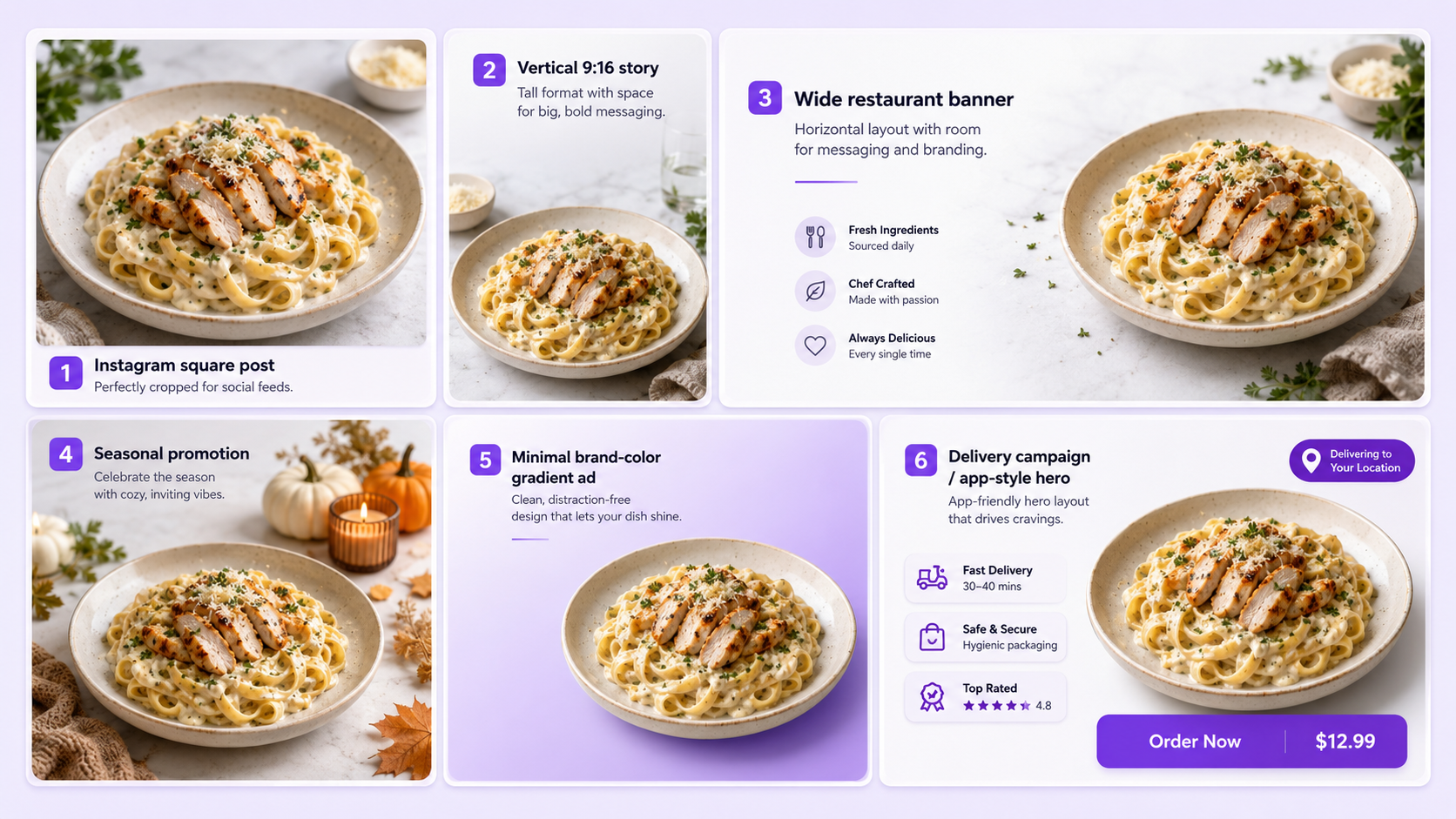 Food image variations for Instagram post, vertical story, restaurant banner, seasonal promotion, brand ad, and delivery campaign