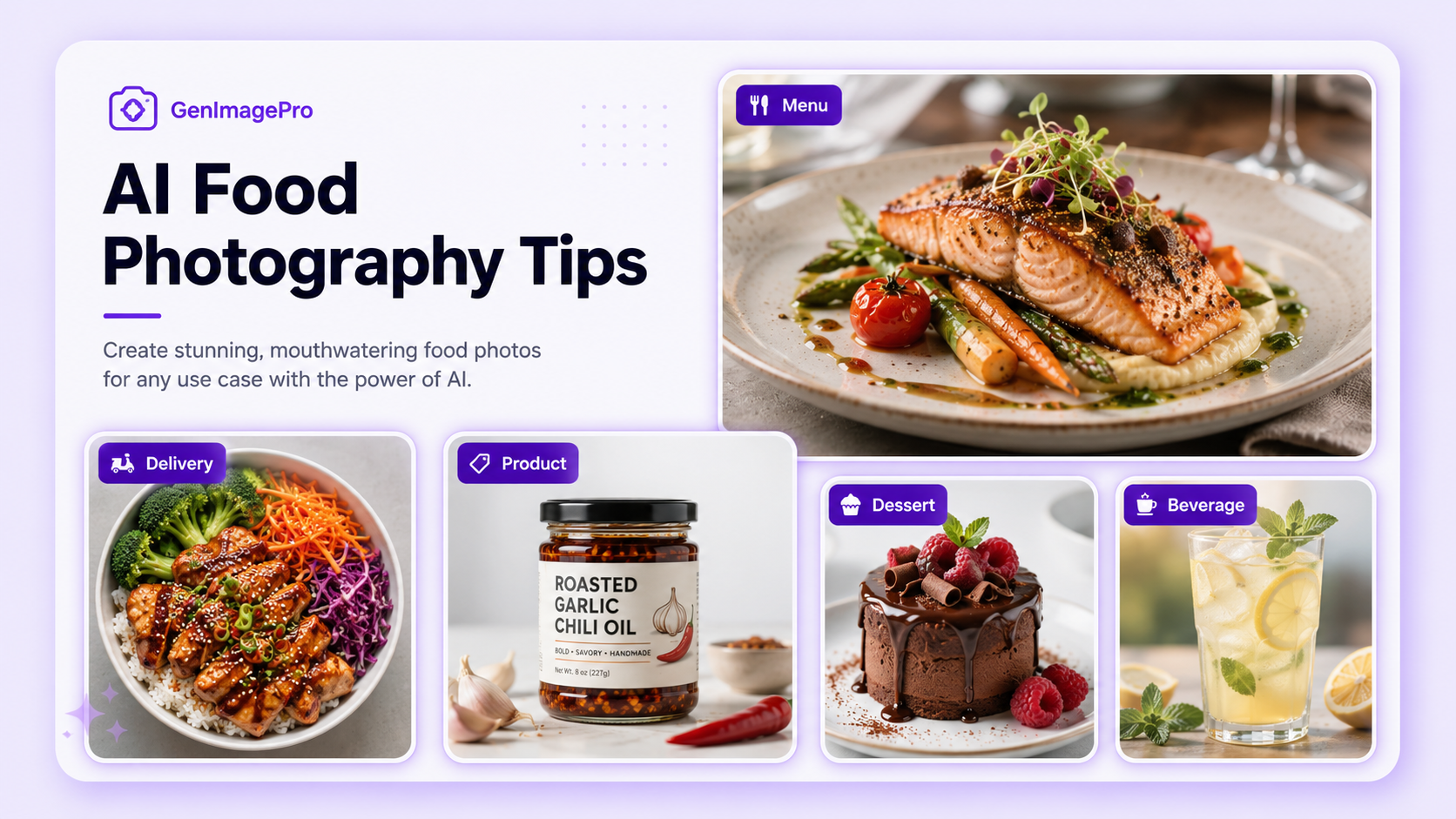 AI food photography examples showing restaurant dishes, delivery app images, packaged food products, desserts, beverages, and menu-ready photos