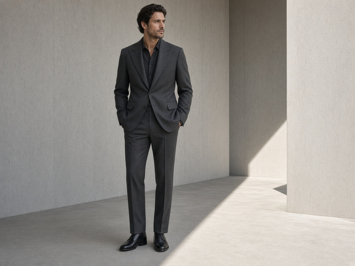 Model in an architectural fashion editorial wearing a structured charcoal blazer