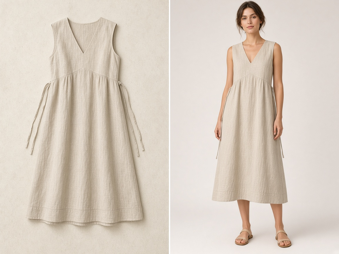 Linen midi dress flat lay shown next to a model wearing the same dress in a neutral studio