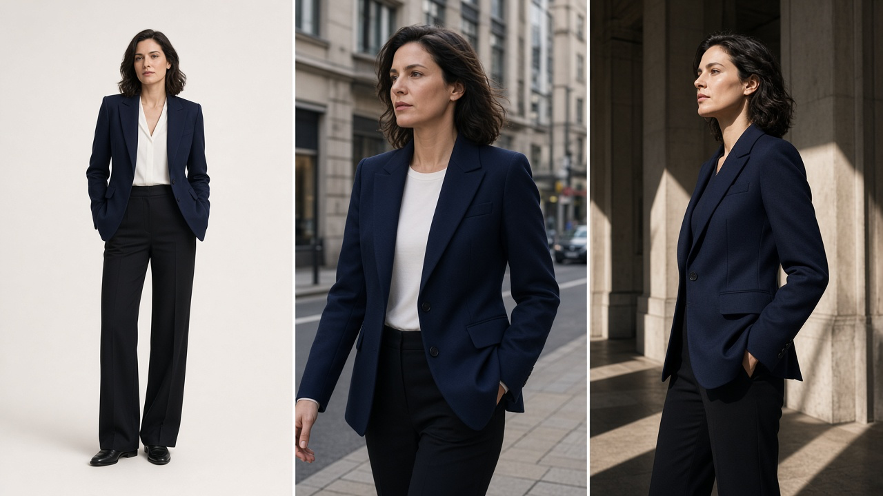 One navy fashion jacket presented in coordinated studio, street-style, and editorial campaign photographs