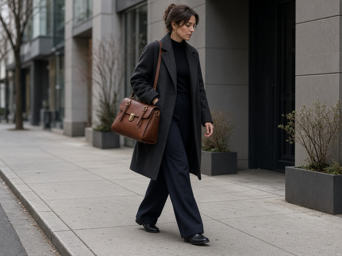Realistic street-style lifestyle fashion photograph featuring a leather shoulder bag