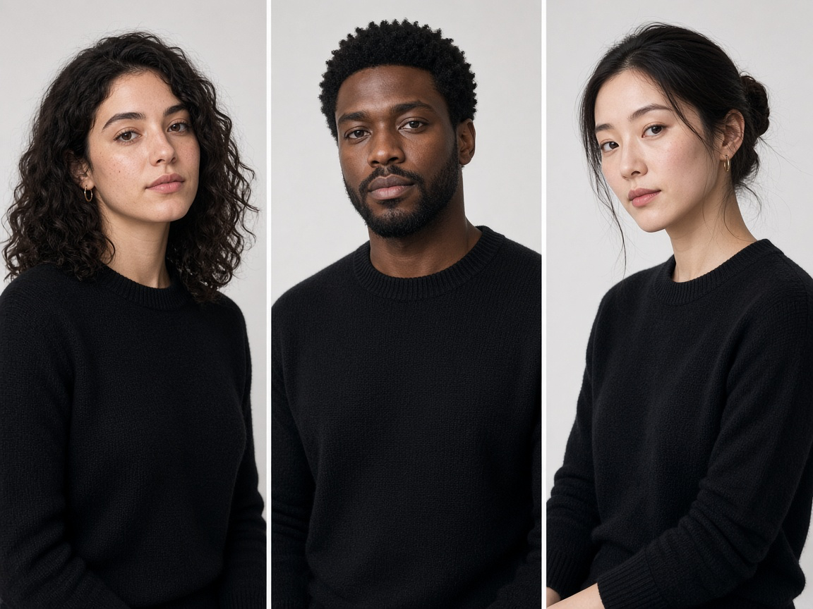 Different adult fashion models photographed in consistent studio light wearing the same garment design