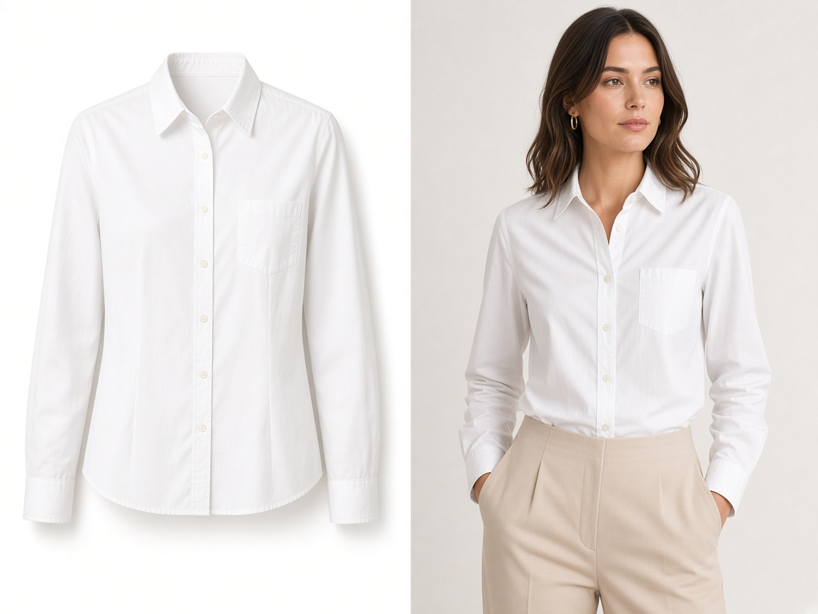 Source photograph of a white button-up blouse alongside a realistic studio model photograph wearing the matching blouse
