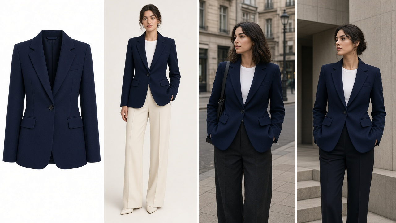 One navy jacket source photo and three realistic campaign images for ecommerce, lifestyle, and editorial