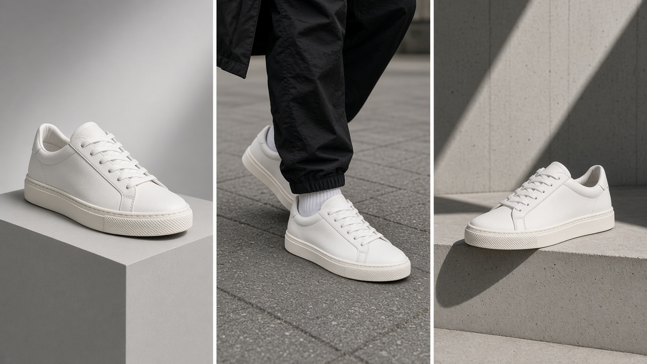 Three commercial fashion advertising compositions featuring the same sneaker product