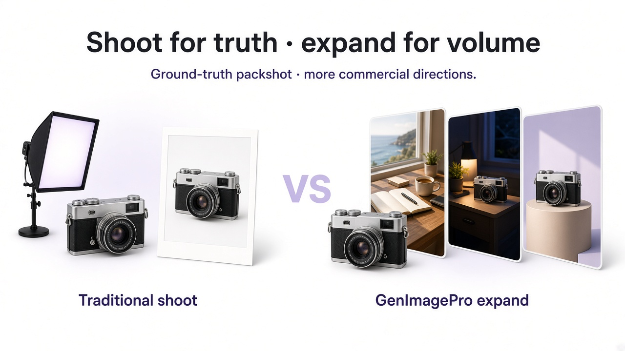 Traditional ecommerce photography versus AI expansion of the same product asset