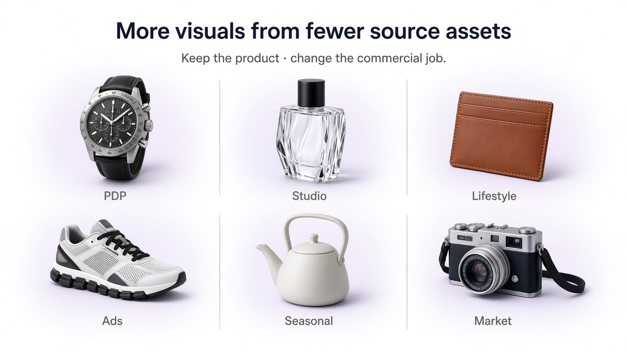 Ecommerce AI image use cases including product photography, lifestyle, ads, seasonal campaigns, and marketplace visuals