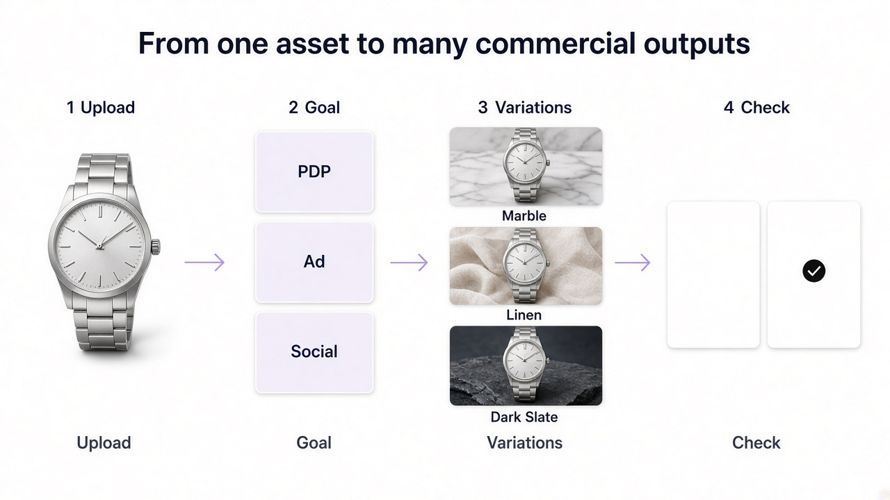 Ecommerce AI workflow from product upload to commercial goal, variations, fidelity check, and reuse