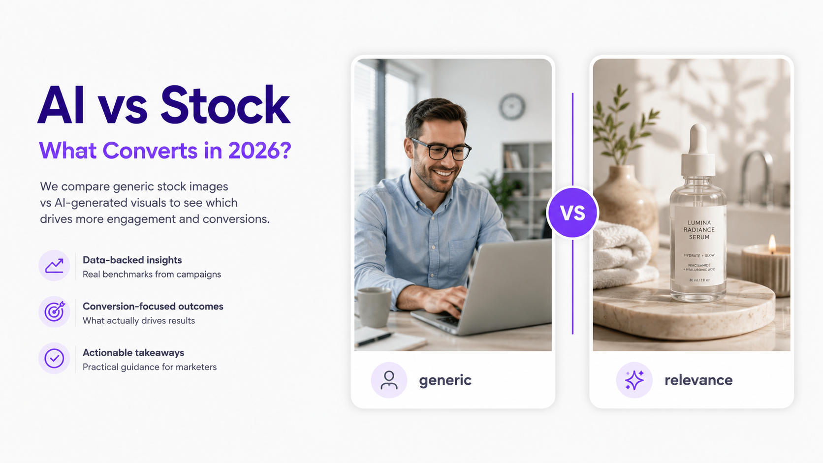 AI-generated marketing image compared with generic stock photography for website and advertising conversion