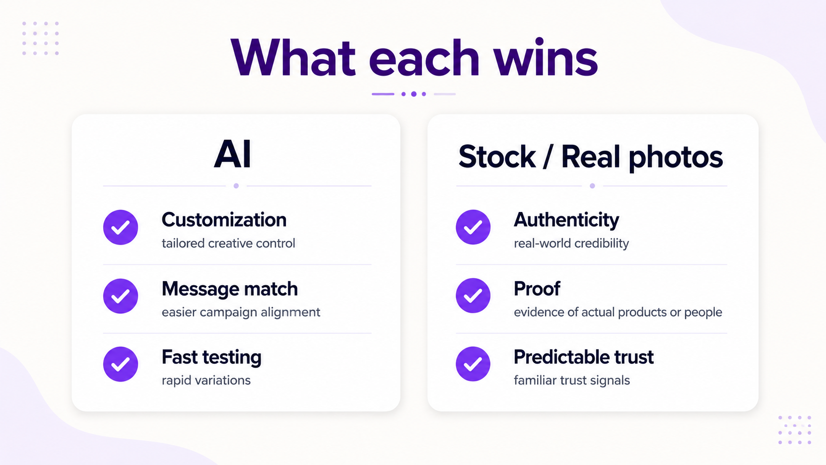 AI images versus stock photography comparison showing relevance, trust, customization, authenticity, and testing speed
