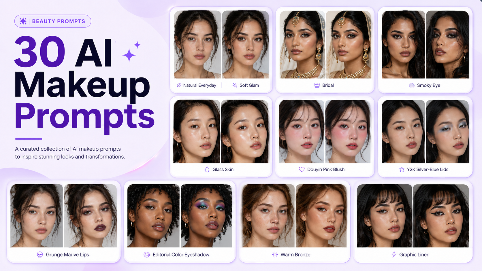 AI makeup prompt examples showing natural makeup, soft glam, bridal makeup, smoky eyes, glass skin, Douyin makeup, Y2K, grunge, and editorial beauty looks