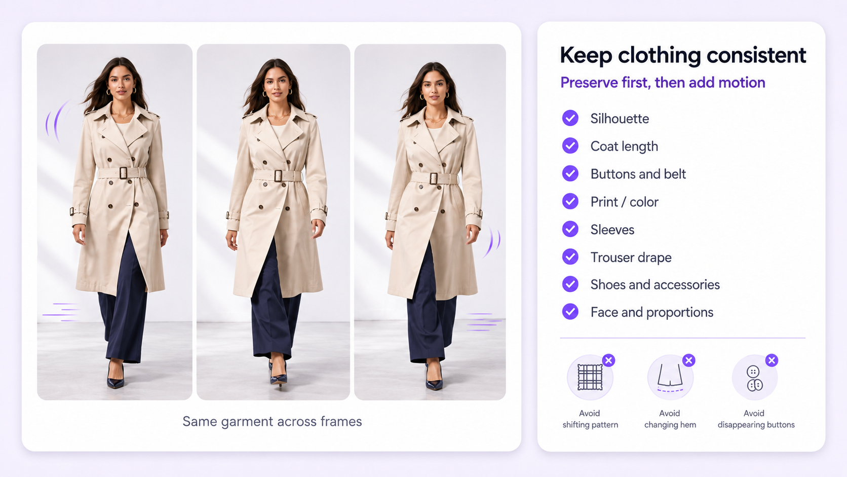 Clothing consistency checklist for AI model walking videos