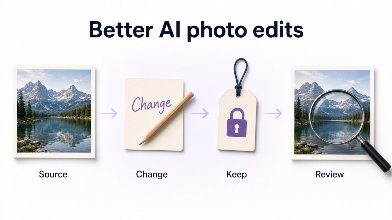 AI photo editing workflow from source photo to specific change to inspected result