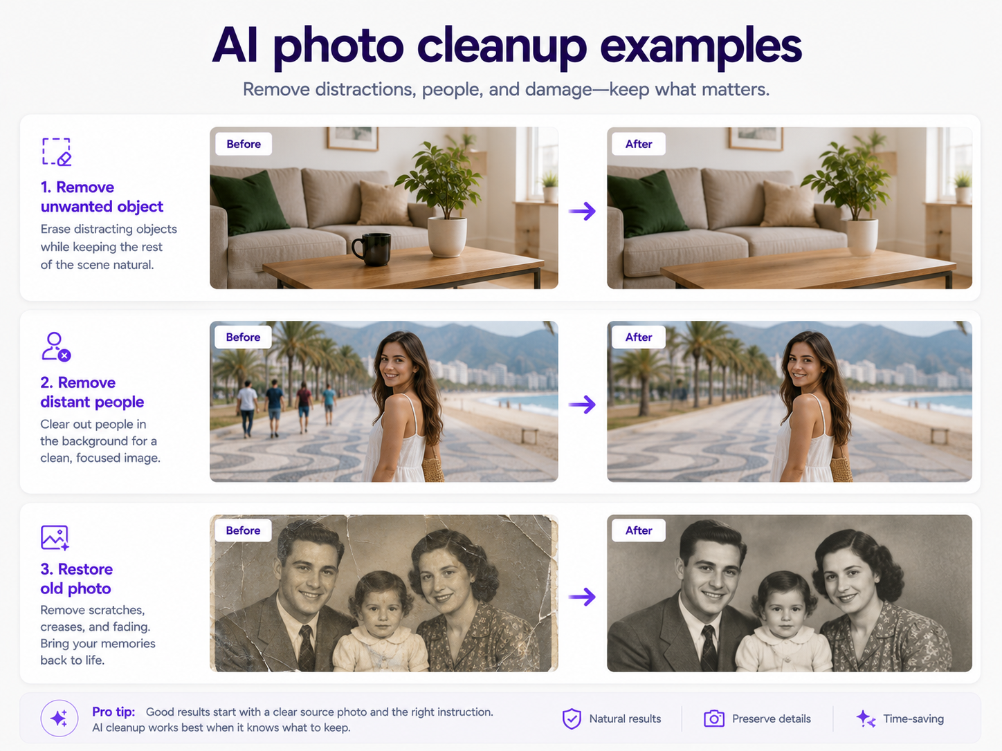 AI photo cleanup prompts for object removal, restoration, and exposure correction