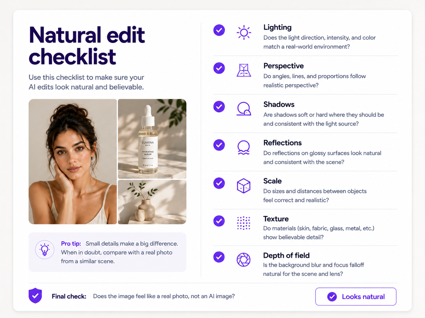 Checklist for making AI photo edits blend naturally with an original photograph