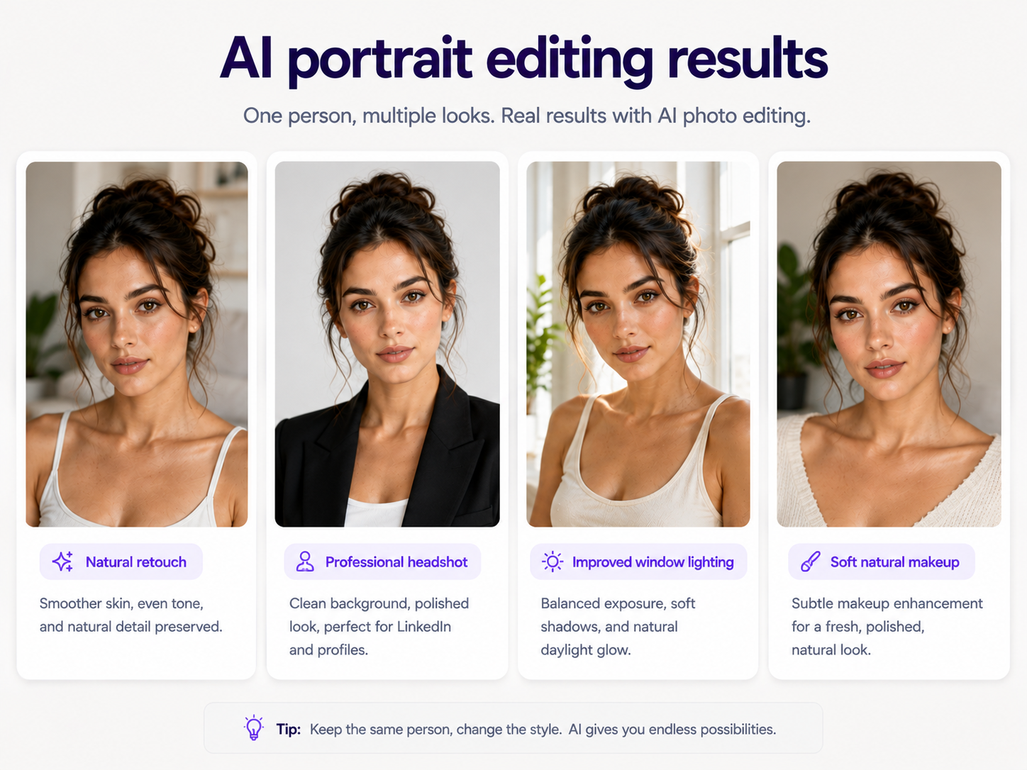 AI portrait editing prompt examples including retouching, headshot, lighting, and makeup