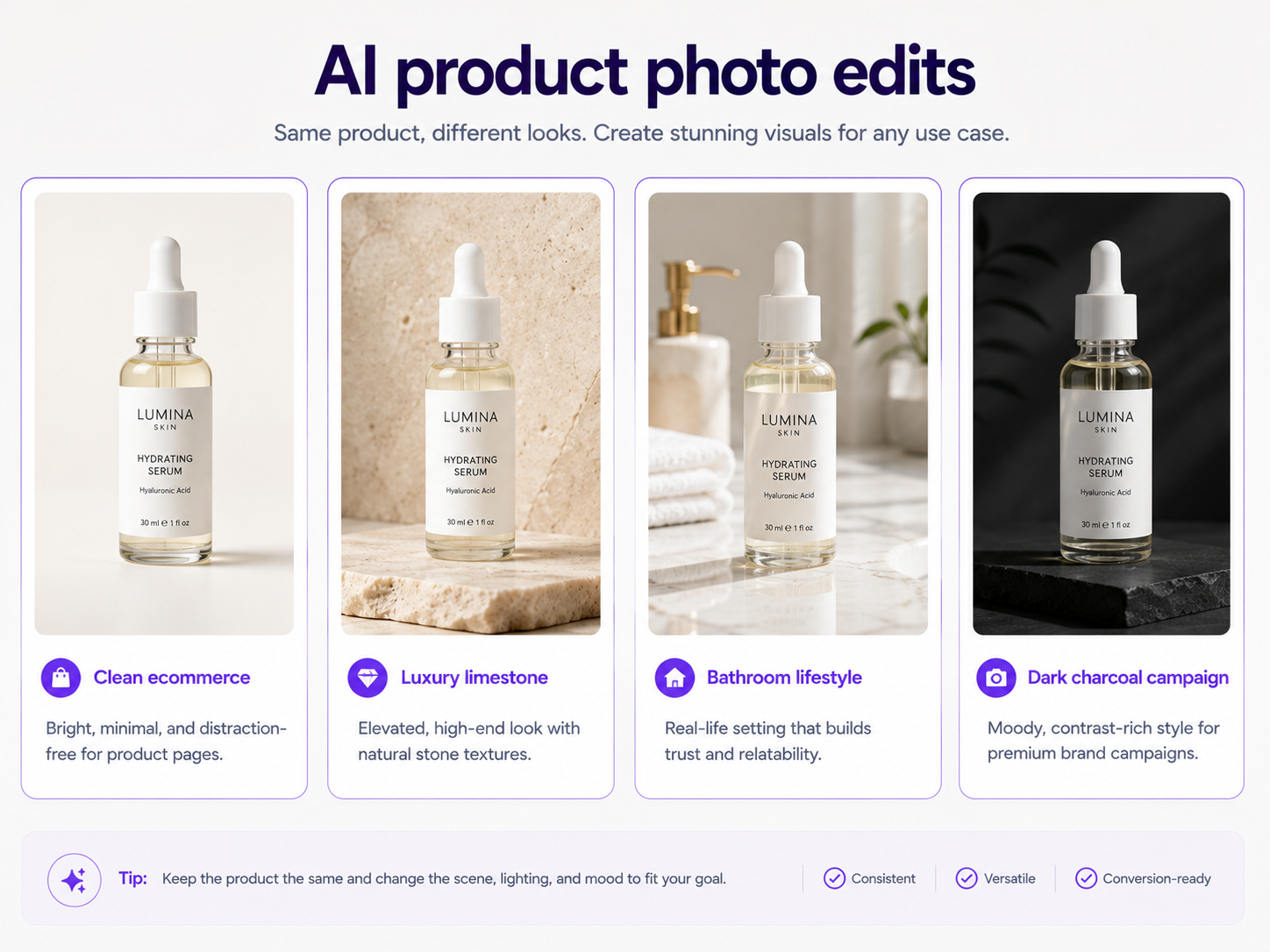 AI product photo editing prompt examples for ecommerce, lifestyle, and advertising