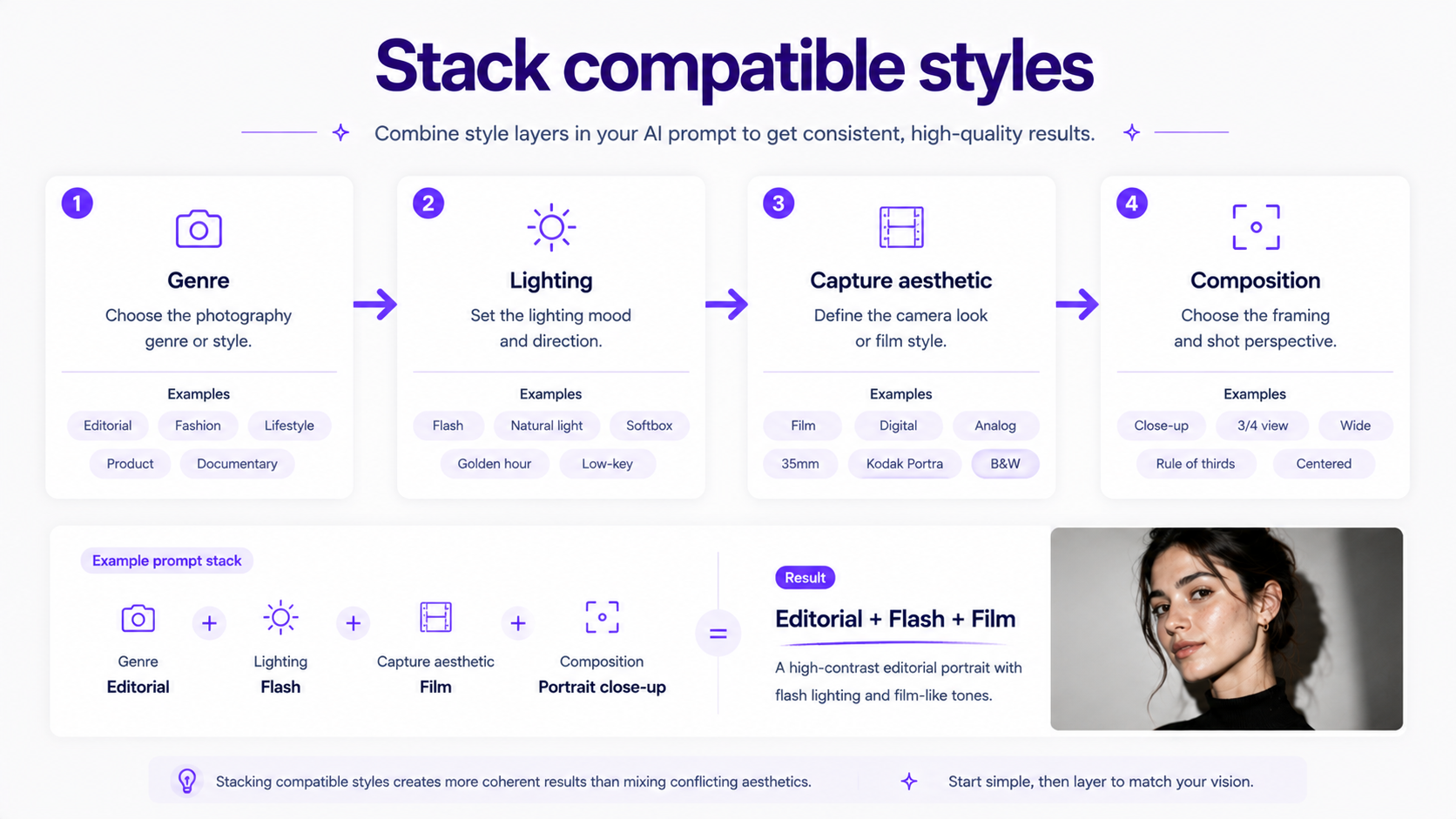 Examples of combining photography genre, lighting, film aesthetic, and composition in AI prompts