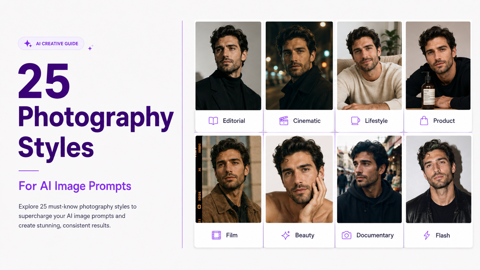 Grid of AI-generated photographs showing editorial, cinematic, lifestyle, product, film, beauty, documentary, and other photography styles