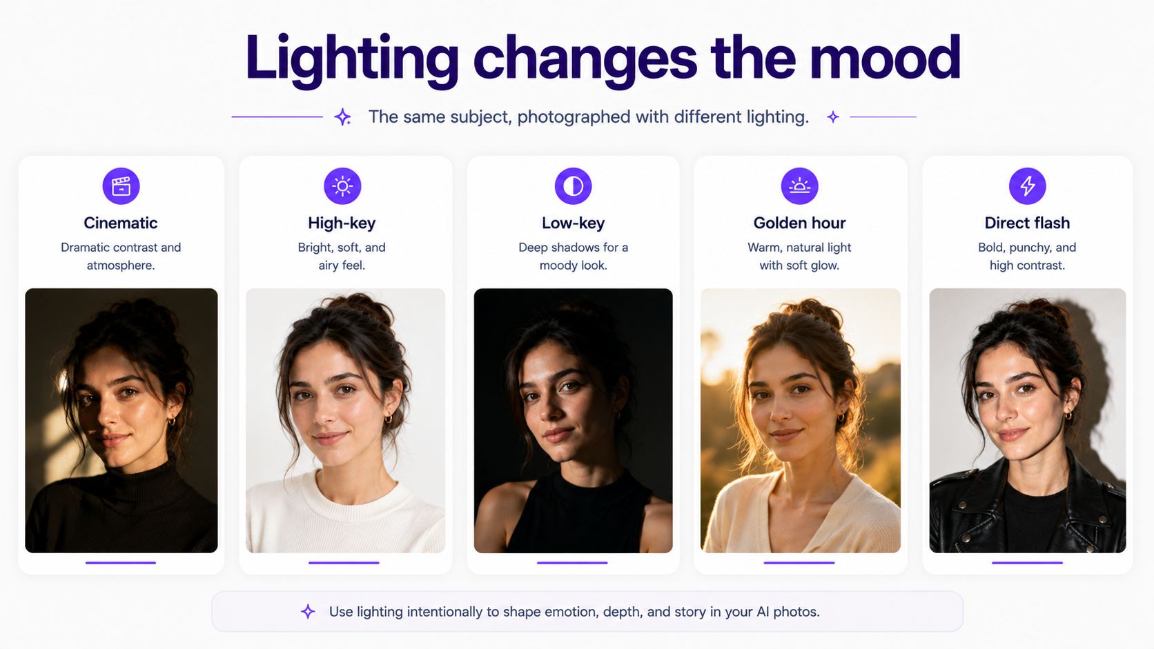 Cinematic, high-key, low-key, golden hour, and direct flash AI photography comparison