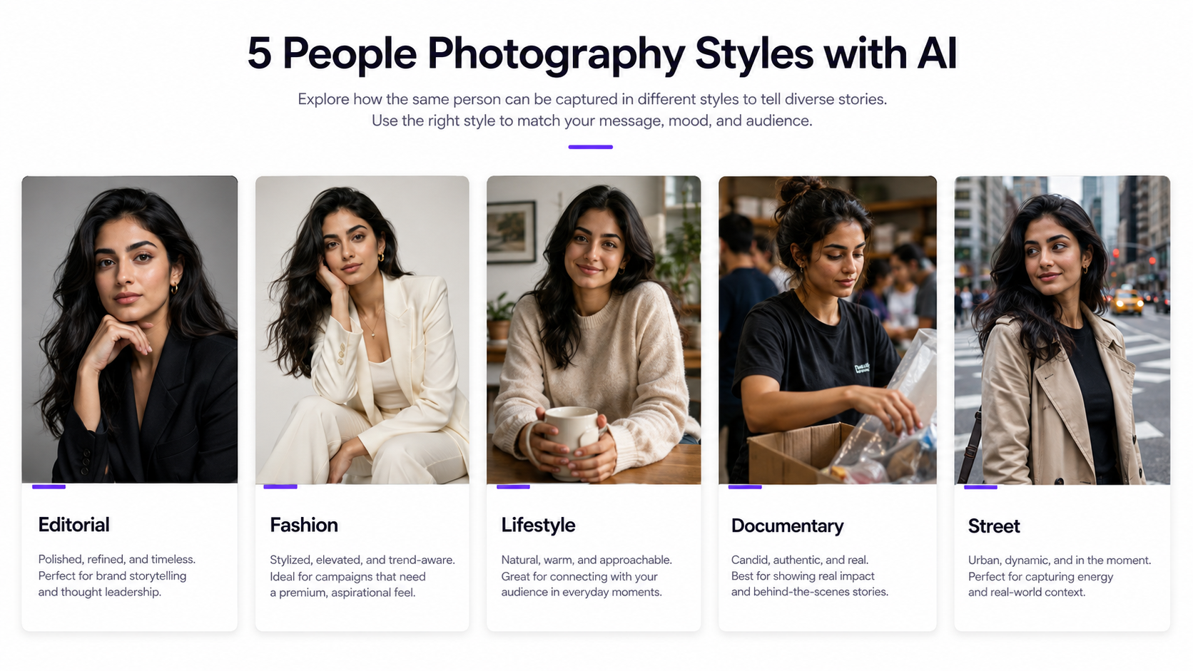 Editorial, fashion, lifestyle, documentary, and street AI photography style comparison