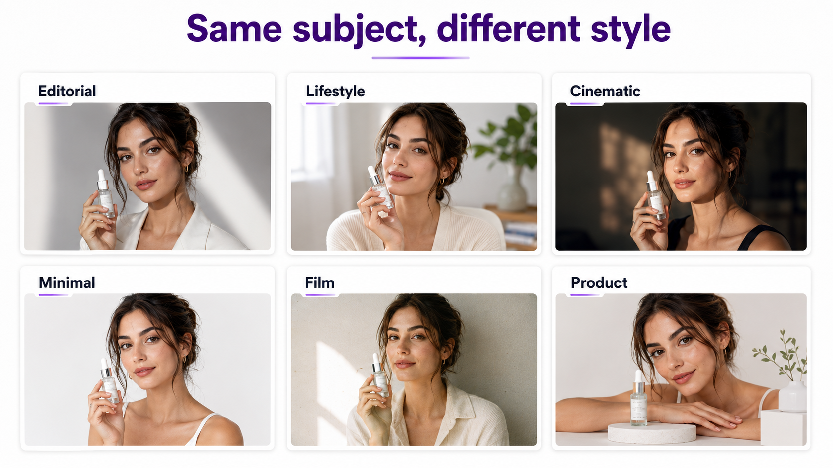Comparison grid showing multiple AI photography styles applied to similar subjects