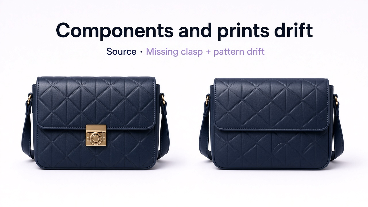 Fashion accessory source photo next to AI result with a missing clasp and altered pattern