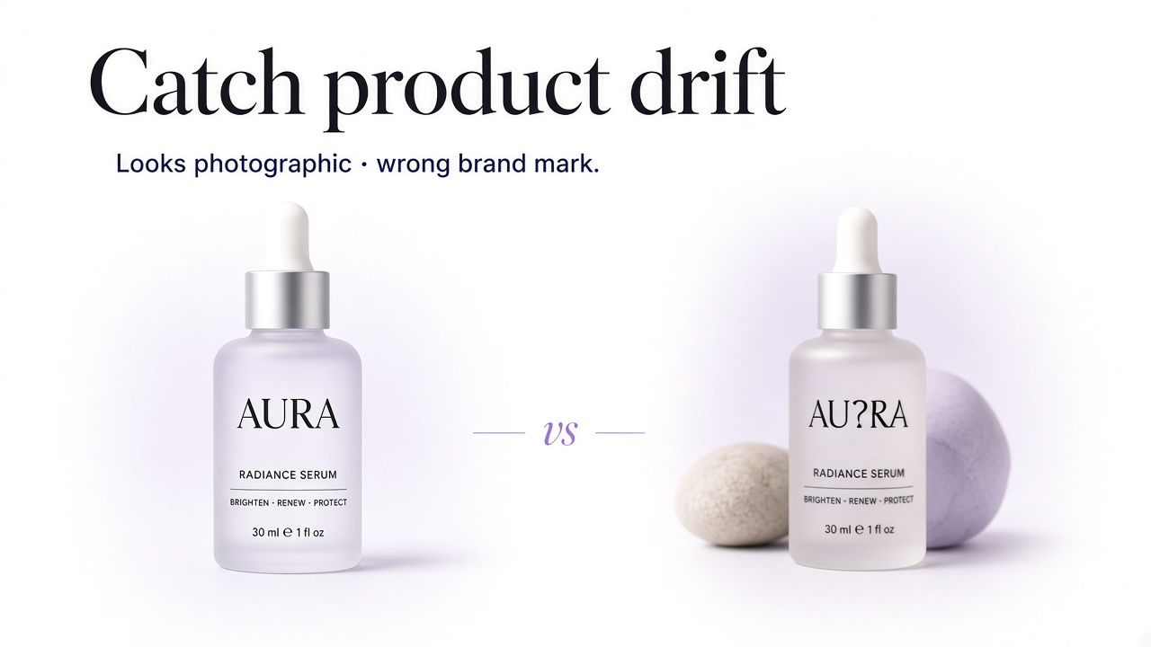 Approved product packshot next to an AI scene where the logo and label have drifted
