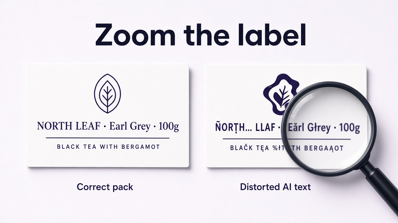 Close comparison of a correct product label versus an AI version with warped logo and unreadable text