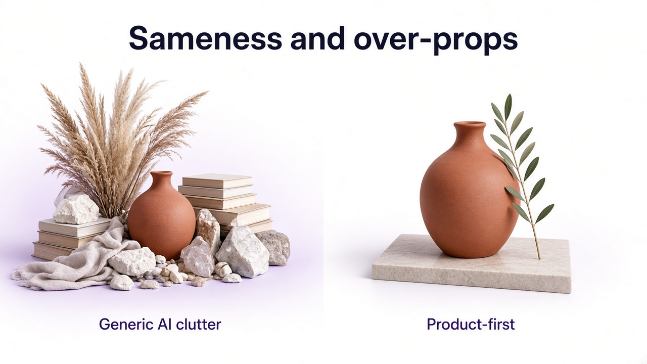 Product buried in generic AI props versus the same product dominant with restrained staging