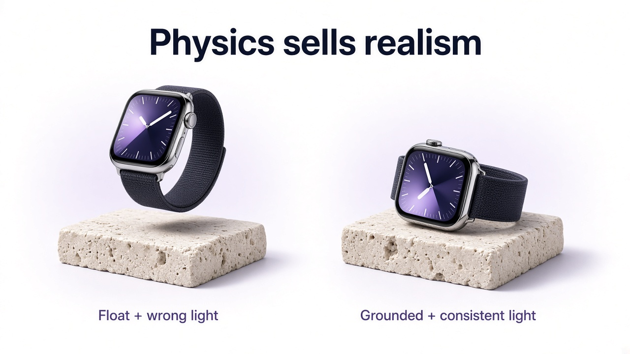 Product floating with wrong shadow versus the same product grounded with matching light and contact shadow