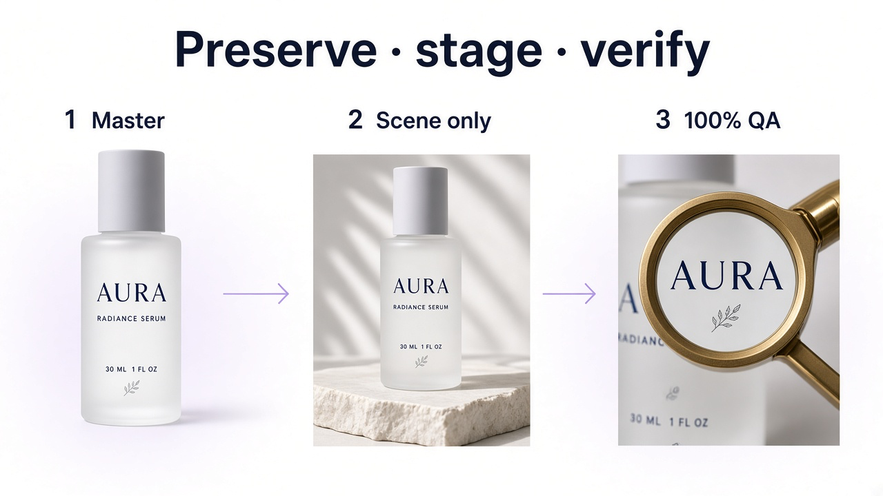 Physical workflow: product master, lifestyle scene change, loupe inspecting the label