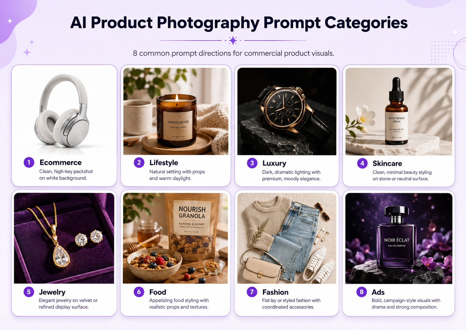 E-ticaret, yaşam tarzı, lüks, cilt bakımı, mücevher, gıda, moda ve reklam gibi yapay zeka ürün fotoğrafçılığı istem kategorileri ızgarası