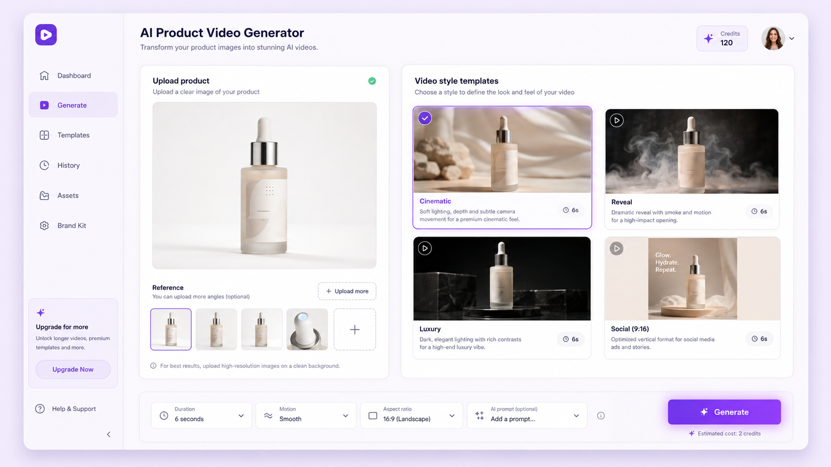 Workflow for turning a product image into an AI video: upload product photo, choose motion style, write motion prompt, generate, then review product consistency